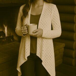 California Moonrise White Crocheted Waterfall Cardigan Boho Layering Piece Sz M